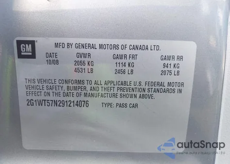 2009 Chevrolet Impala Lt from USA, damaged, VIN 2G1WT57N291214076